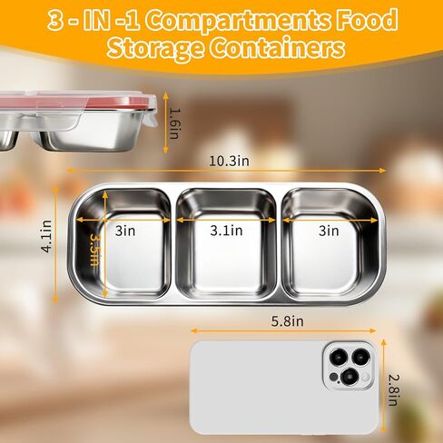 3 Pack 304 Stainless Steel Snack Containers, Reusable Leek Proof Metal Lunch Box with 3 Compartment, Food Storage Containers for Home, Work, Travel in Saudi Arabia