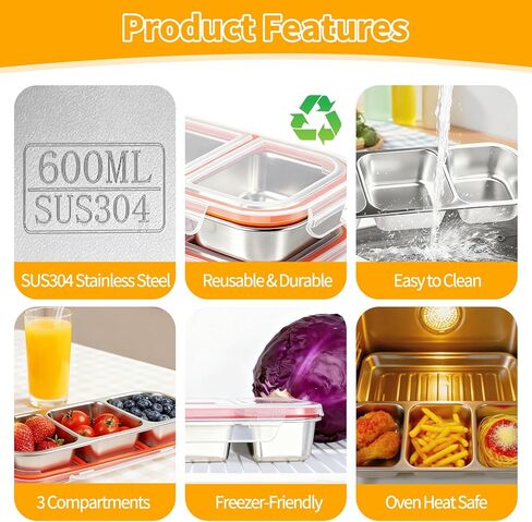 3 Pack 304 Stainless Steel Snack Containers, Reusable Leek Proof Metal Lunch Box with 3 Compartment, Food Storage Containers for Home, Work, Travel in Saudi Arabia