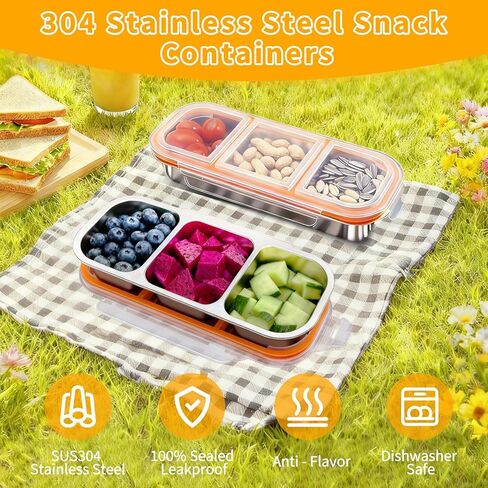 3 Pack 304 Stainless Steel Snack Containers, Reusable Leek Proof Metal Lunch Box with 3 Compartment, Food Storage Containers for Home, Work, Travel in Saudi Arabia