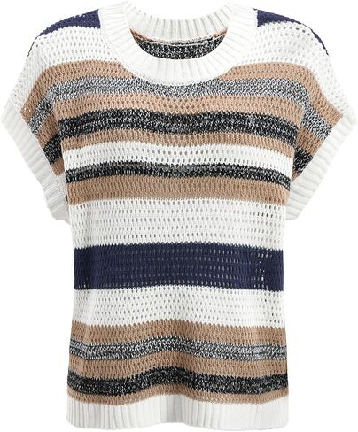 Women's Striped Crochet Sweater Vest Short Sleeve Hollow Out Oversized Sweaters in Saudi Arabia