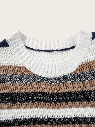 Women's Striped Crochet Sweater Vest Short Sleeve Hollow Out Oversized Sweaters in Saudi Arabia