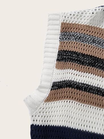Women's Striped Crochet Sweater Vest Short Sleeve Hollow Out Oversized Sweaters in Saudi Arabia
