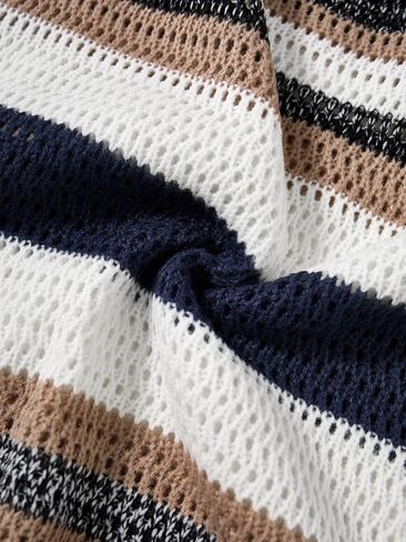 Women's Striped Crochet Sweater Vest Short Sleeve Hollow Out Oversized Sweaters in Saudi Arabia