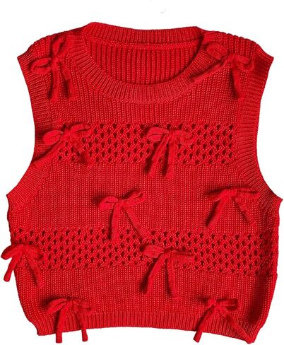 OYOANGLE Women's Bow Sweater Vest Cute Hollow Out Sleeveless Cropped Sweaters Knitwear in Saudi Arabia
