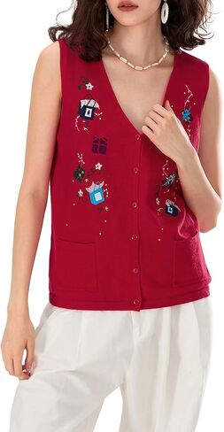 Women Christmas Button Sweater Vest Sleeveless Button Down Knit Tank Top Embroidery Santa Print Vest Top Holiday in Saudi Arabia