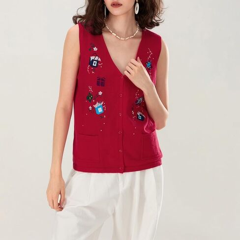 Women Christmas Button Sweater Vest Sleeveless Button Down Knit Tank Top Embroidery Santa Print Vest Top Holiday in Saudi Arabia