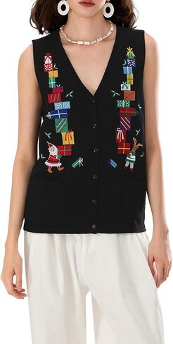 Women Christmas Button Sweater Vest Sleeveless Button Down Knit Tank Top Embroidery Santa Print Vest Top Holiday in Saudi Arabia