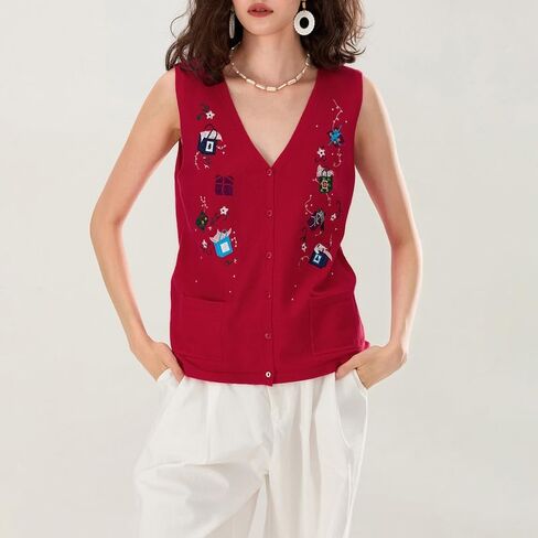 Women Christmas Button Sweater Vest Sleeveless Button Down Knit Tank Top Embroidery Santa Print Vest Top Holiday in Saudi Arabia