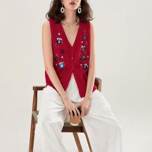 Women Christmas Button Sweater Vest Sleeveless Button Down Knit Tank Top Embroidery Santa Print Vest Top Holiday in Saudi Arabia
