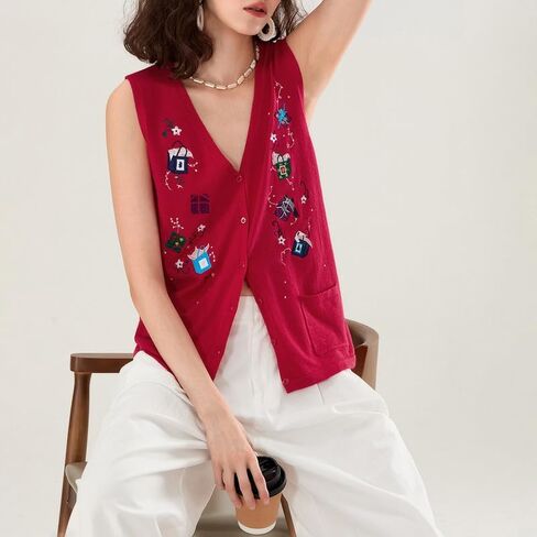 Women Christmas Button Sweater Vest Sleeveless Button Down Knit Tank Top Embroidery Santa Print Vest Top Holiday in Saudi Arabia