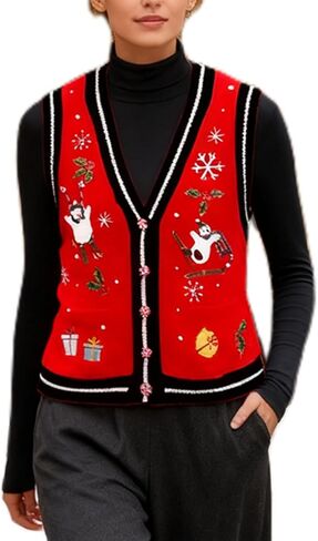 Women Christmas Button Sweater Vest Sleeveless Button Down Knit Tank Top Embroidery Santa Print Vest Top Holiday in Saudi Arabia