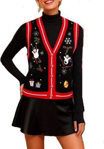 Women Christmas Button Sweater Vest Sleeveless Button Down Knit Tank Top Embroidery Santa Print Vest Top Holiday in Saudi Arabia