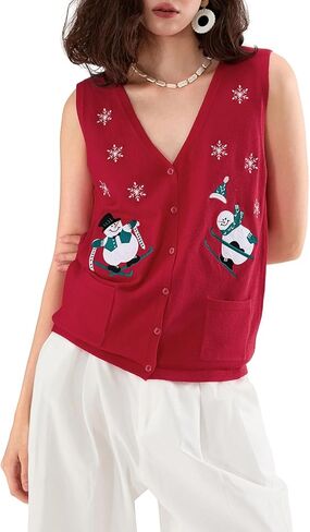 Women Christmas Button Sweater Vest Sleeveless Button Down Knit Tank Top Embroidery Santa Print Vest Top Holiday in Saudi Arabia