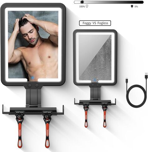 Shower Mirror Fogless for Shaving,Quick Anti Fog Mirror for Shower,3-Color Light Bathroom Mirror with Strong Adhesive Backing,Makeup Shower Shave Mirror,Black Bathroom Decor Makeup Mirror for Wall in Kuwait