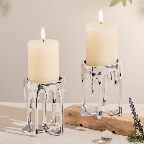 Decorative Candle Holders Set of 2 – Melting Drip Candle Stand for Pillar Candles – Sculptural Fireplace Decor, Gothic Table Centerpiece, Unique Home Accent(Silver, Set of 2) in Saudi Arabia