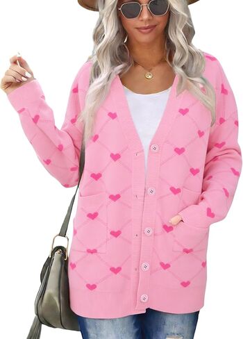 Valentine Cardigan Sweaters for Women Button Down Sweater with Pockets Heart Print Open Front Knit Cardigan Funny Love Coat in Saudi Arabia