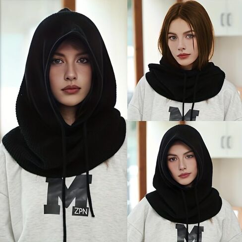 Winter Hats for Women, Hooded Scarf Hat for Men Outdoor Sports Balaclava Knit Skull Cap Beanie Men Neck Gaiters Black in Saudi Arabia