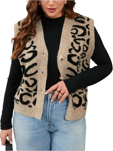 SHENHE Women's Plus Size Leopard Sweater Vest V Neck Button Up Sleeveless Cheetah Print Knit Cardigan Vest in Kuwait