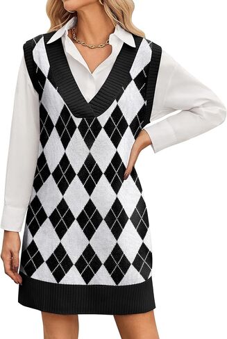 Zeagoo Womens Sweater Vest Winter Tank Sweater Dress V Neck Knitted Pullovers Sweaters Plaid M in Saudi Arabia