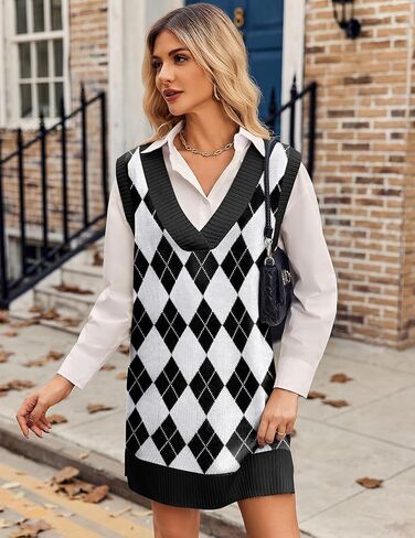 Zeagoo Womens Sweater Vest Winter Tank Sweater Dress V Neck Knitted Pullovers Sweaters Plaid M in Saudi Arabia