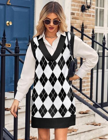 Zeagoo Womens Sweater Vest Winter Tank Sweater Dress V Neck Knitted Pullovers Sweaters Plaid M in Saudi Arabia