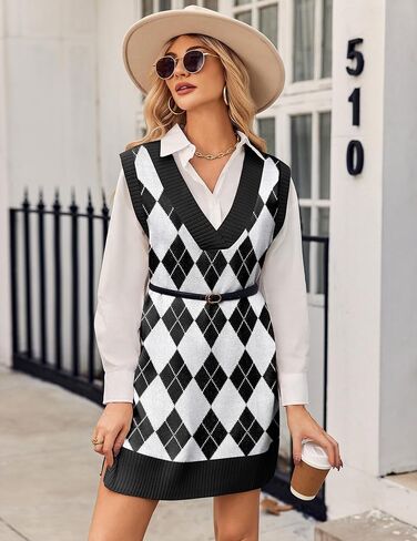 Zeagoo Womens Sweater Vest Winter Tank Sweater Dress V Neck Knitted Pullovers Sweaters Plaid M in Saudi Arabia