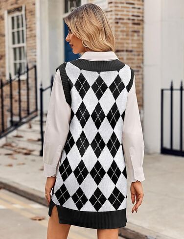 Zeagoo Womens Sweater Vest Winter Tank Sweater Dress V Neck Knitted Pullovers Sweaters Plaid M in Saudi Arabia