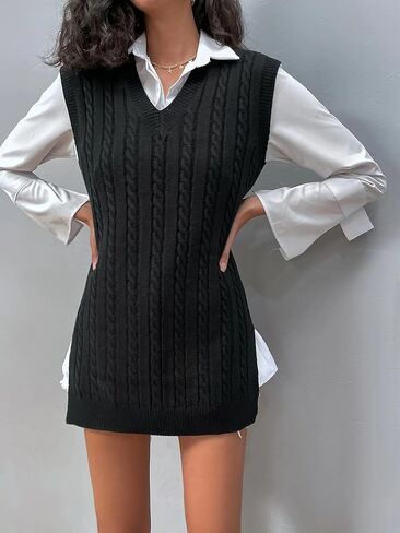 Womens Long Sweater Vest, V Neck Sleeveless Knit Pullover Top Side Slit Tunic Length Knitwear Fall Winter Sweater Vest Knit in Saudi Arabia