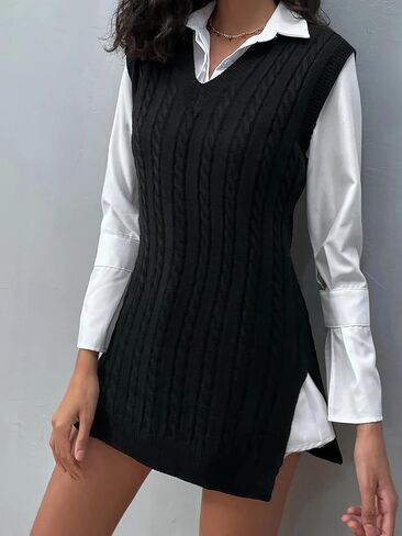 Womens Long Sweater Vest, V Neck Sleeveless Knit Pullover Top Side Slit Tunic Length Knitwear Fall Winter Sweater Vest Knit in Saudi Arabia