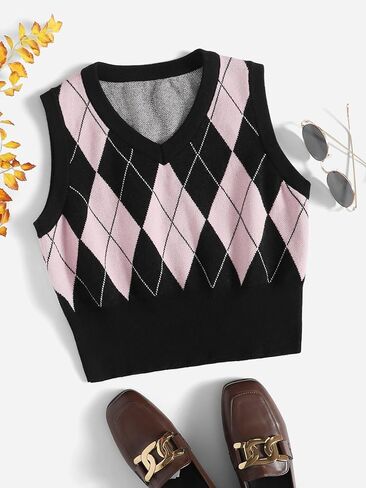 سترة نسائية من SweatyRocks بنمط هندسي ورقبة على شكل حرف V بدون أكمام على طراز Preppy in Kuwait