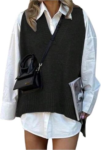 SHENHE Women's Oversized Sweater Vest V Neck Knit Tunic Jumper Sleeveless High Low Long Vest in Saudi Arabia