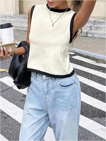 SHENHE Women's Tie Back Bow Sweater Vest Sleeveless Crew Neck Color Block Knit Fall Tank Top in Saudi Arabia