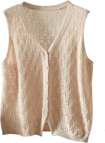 SHENHE Women's Plus Size Hollow Out Knitted Sweater Vest Button Up Sleeveless Crochet Vest Cardigan in Saudi Arabia