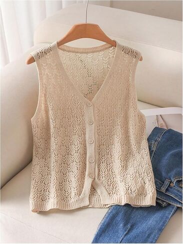 SHENHE Women's Plus Size Hollow Out Knitted Sweater Vest Button Up Sleeveless Crochet Vest Cardigan in Saudi Arabia