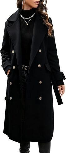 Hooever Women's Long Wool Coat Fall Winter Notched Lapel Double Breasted Trench Coat Peacoat with Belt in Kuwait