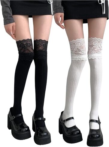 Women's 2 Pairs Lace Ribbed Thigh High Stockings Lolita Y2K Cosplay Costume Party Tights in Saudi Arabia