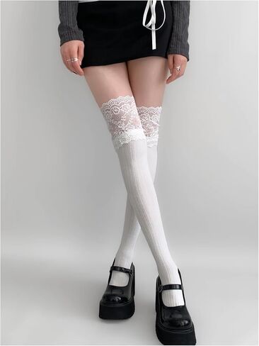 Women's 2 Pairs Lace Ribbed Thigh High Stockings Lolita Y2K Cosplay Costume Party Tights in Saudi Arabia