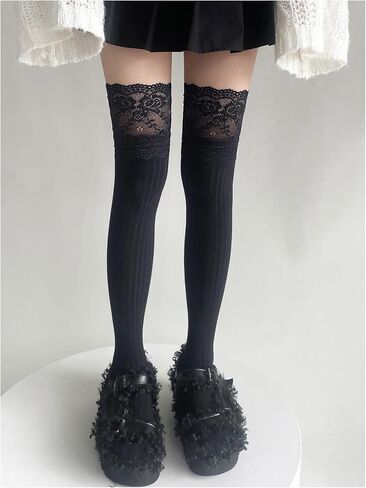 Women's 2 Pairs Lace Ribbed Thigh High Stockings Lolita Y2K Cosplay Costume Party Tights in Saudi Arabia