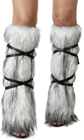 Faux Fur Fuzzy Leg Warmers for Women Viking Furry Long Boot Covers Cuffs with Strap Boot Sleeves Party Costume in Saudi Arabia