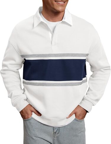 Men Fleece-Lined Rugby Shirts Heavyweight Color Block Long Sleeve Sweatshirt(S-2XL) in Saudi Arabia