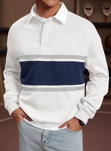 Men Fleece-Lined Rugby Shirts Heavyweight Color Block Long Sleeve Sweatshirt(S-2XL) in Saudi Arabia