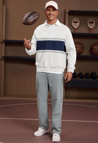 Men Fleece-Lined Rugby Shirts Heavyweight Color Block Long Sleeve Sweatshirt(S-2XL) in Saudi Arabia