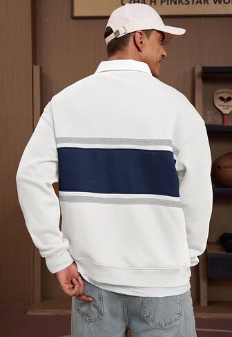 Men Fleece-Lined Rugby Shirts Heavyweight Color Block Long Sleeve Sweatshirt(S-2XL) in Saudi Arabia