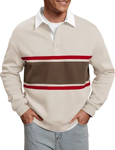 Men Fleece-Lined Rugby Shirts Heavyweight Color Block Long Sleeve Sweatshirt(S-2XL) in Saudi Arabia