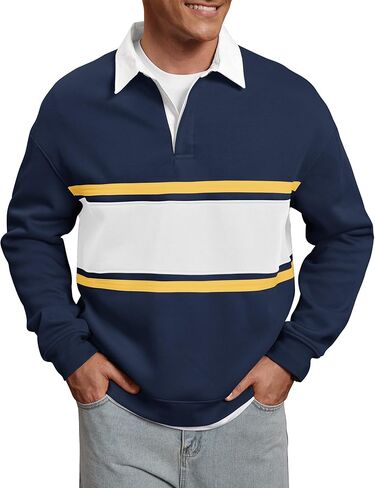 Men Fleece-Lined Rugby Shirts Heavyweight Color Block Long Sleeve Sweatshirt(S-2XL) in Saudi Arabia