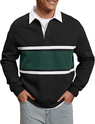 Men Fleece-Lined Rugby Shirts Heavyweight Color Block Long Sleeve Sweatshirt(S-2XL) in Saudi Arabia