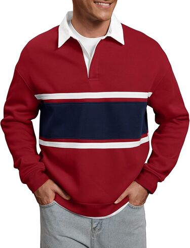Men Fleece-Lined Rugby Shirts Heavyweight Color Block Long Sleeve Sweatshirt(S-2XL) in Saudi Arabia