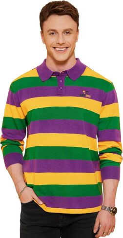 Arvilhill Men's Mardi Gras Polo Shirt Fat Tuesday Striped Long Sleeve Golf Shirt (S-3XL) in Saudi Arabia