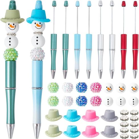 SUNNYCLUE DIY 8 Sets Christmas Bead Pens Kit Beaded Pen Set Winter Beadable Pens Christmas Snowman Hat Silicone Beads Rhinestone Spacer Bead Xmas Beads for Teachers Students Gifts Office School in Saudi Arabia