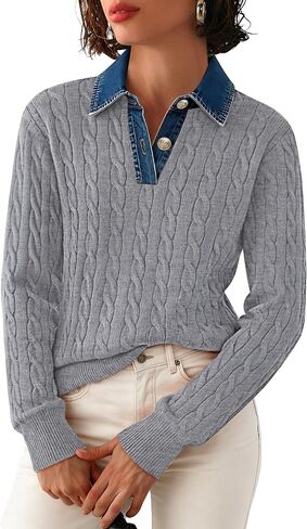 SAUKOLE Sweaters for Women Denim Lapel V Neck Buttons Closure Casual Long Sleeve Cable Knit Loose Pullover Sweater in Saudi Arabia